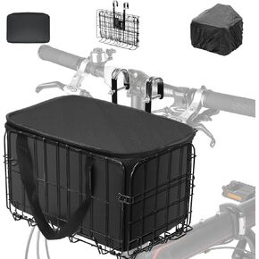 Folding Front Bike Basket, Metal Rear Bicycle Basket with PU Liner Bag and Waterproof Cover, Quick Release Design Bicycle Frame Basket for Mountain Bike Men and Women Bicycle