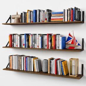 Forbena Large Floating Shelves for Wall 48 Inches Long Set of 3, Rustic Wood Wall Bookshelf for Bedroom Books, Wooden Wall Shelves for Living Room Laundry Closet Kitchen Storage (Dark Brown)