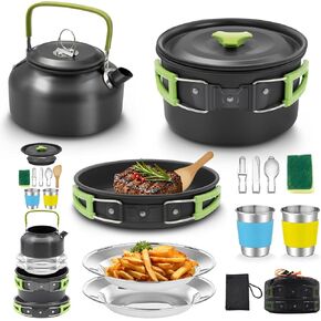 16pcs Camping Cookware, Backpacking Compact Camping Cooking Set Camping Pot with Stainless Steel Cups Plates Forks Knives Spoons, Camping Pots and Pans Set for Backpacking, Outdoor Cooking