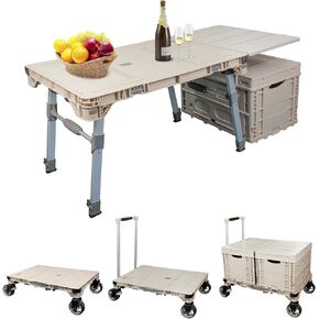 3 Pieces Camping Table Cart Set Multi-Purpose Used as Dolly Cart & Platform Truck 3-in-1 Folding Wagon Cart with 360° Swivel Wheels for Camping Travel Shopping Outdoor (1 Cart and 2 Crates)