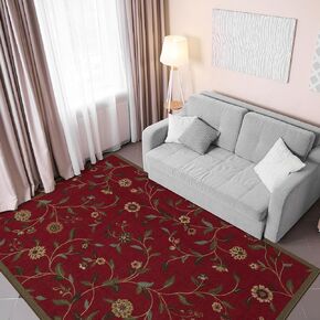 Machine Washable Floral Leaves Design Non-Slip Rubberback 3x5 Traditional Area Rug for Living Room, Bedroom, Kitchen, 3'3" x 5', Red