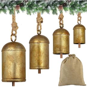 4 Pieces Christmas Cow Bells Rustic Metal Hanging Bells Harmony Cow Bells with Rope Vintage Decorative Wind Chimes Bells, Xmas Tree Fireplace Garland Ornaments