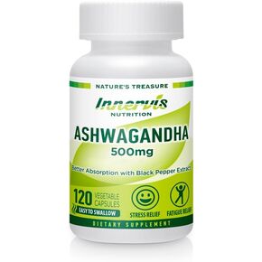 Ashwagandha 500mg - 120 Vegetable Capsules Helps Stress Relief Support Brain Function Better Absorption with Black Pepper Extract