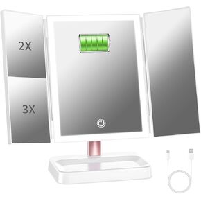 Rechargeable Trifold Makeup Mirror with 78 LED Lights, Compact Travel Light Up Vanity Mirror 3 Way Mirror with Magnification 3 Color Lighting Adjustable Brightness Touch Control