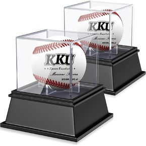 KKU 2 Pack Acrylic Baseball Display Case with Sleek Black Base, Dustproof UV Protected Baseball Case, Transparent Baseball Holder Display Case for Signed Balls Memorabilia