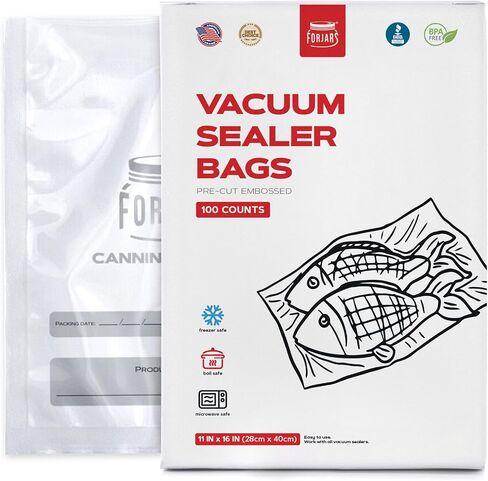 FORJARS Vacuum Sealer Bags For Food Storage - Method Sous Vide Cooking - Pack of 100 count Pre-Cut Size Bags, Perfect for Food Storage and Cooking - Ideal for Home and Commercial Use (11x16 (100pcs)) in Saudi Arabia