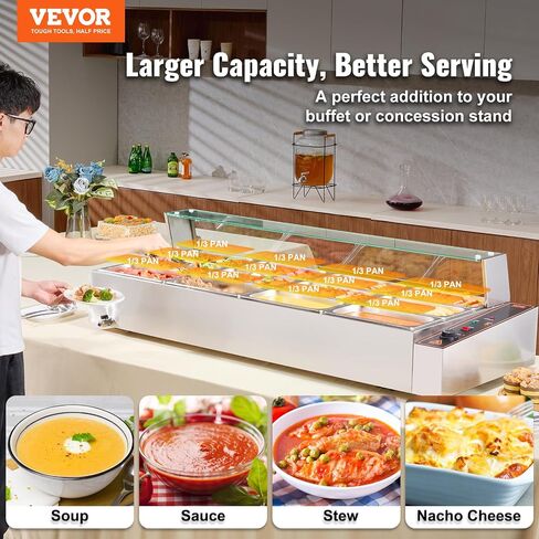 VEVOR 12-Pan Commercial Food Warmer, 12 x 8QT Electric Steam Table with Glass Cover, 1700W Countertop Stainless Steel Buffet Bain Marie 86-185°F Temp Control for Catering, Restaurants, Silver in Saudi Arabia