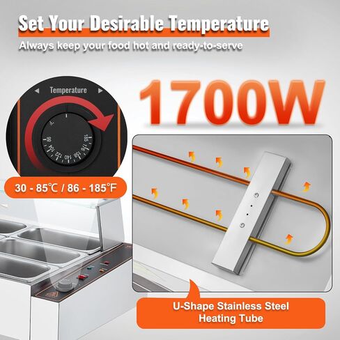 VEVOR 12-Pan Commercial Food Warmer, 12 x 8QT Electric Steam Table with Glass Cover, 1700W Countertop Stainless Steel Buffet Bain Marie 86-185°F Temp Control for Catering, Restaurants, Silver in Saudi Arabia