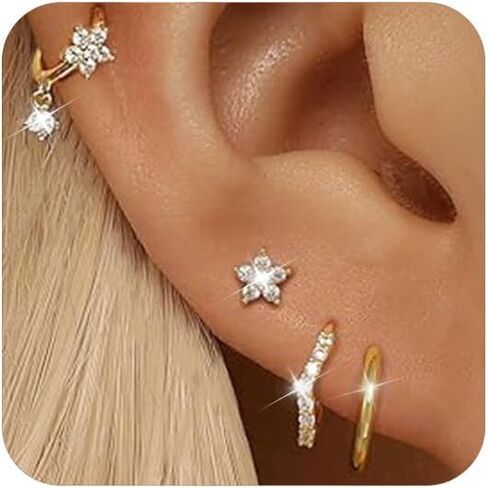 GEORGE · SMITH 3 Pairs Gold Hoop Earrings for Women, Flower Heart shaped small earrings, Cubic zirconia flower studs women's hoop earrings gold jewelry for women in Saudi Arabia