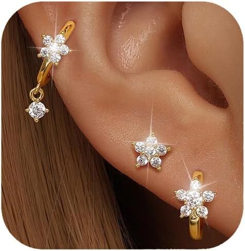 GEORGE · SMITH 3 Pairs Gold Hoop Earrings for Women, Flower Heart shaped small earrings, Cubic zirconia flower studs women's hoop earrings gold jewelry for women in Saudi Arabia