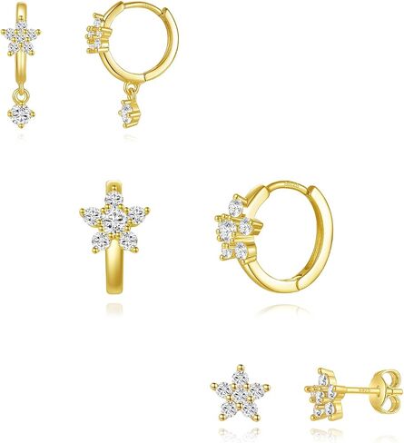 GEORGE · SMITH 3 Pairs Gold Hoop Earrings for Women, Flower Heart shaped small earrings, Cubic zirconia flower studs women's hoop earrings gold jewelry for women in Saudi Arabia