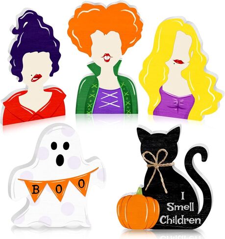 Halloween Mouse Shaped Cute Ghost Table Decor, 3 Pcs White Ghost Wooden Signs, Witch Pumpkin Spider Wood Centerpiece Tabletop Ornament for Holiday Tiered Tray Halloween Party Decoration in Saudi Arabia
