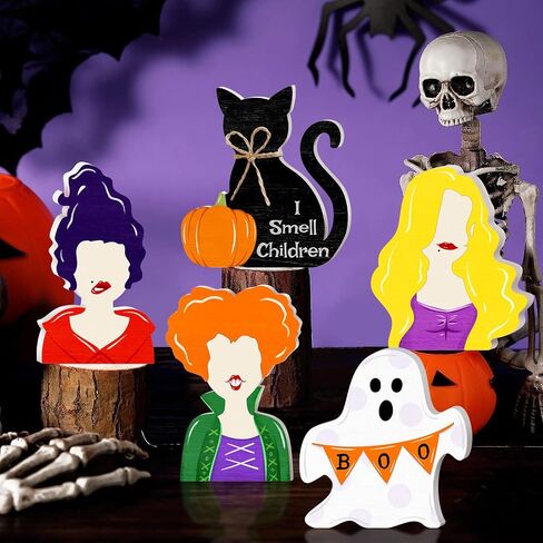Halloween Mouse Shaped Cute Ghost Table Decor, 3 Pcs White Ghost Wooden Signs, Witch Pumpkin Spider Wood Centerpiece Tabletop Ornament for Holiday Tiered Tray Halloween Party Decoration in Saudi Arabia