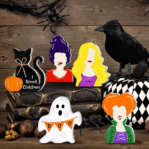 Halloween Mouse Shaped Cute Ghost Table Decor, 3 Pcs White Ghost Wooden Signs, Witch Pumpkin Spider Wood Centerpiece Tabletop Ornament for Holiday Tiered Tray Halloween Party Decoration in Saudi Arabia