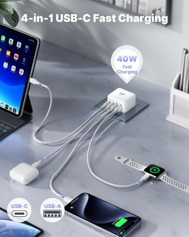 Aioneus USB C Charger Block, 4-Port 40W Fast Charging Block, PD USB-C and QC USB-A Multi Port Wall Charger, Type-C Charger Cube Power for Samsung Galaxy S24 S23 S22, iPhone 15 14, Tablet, LG in Saudi Arabia