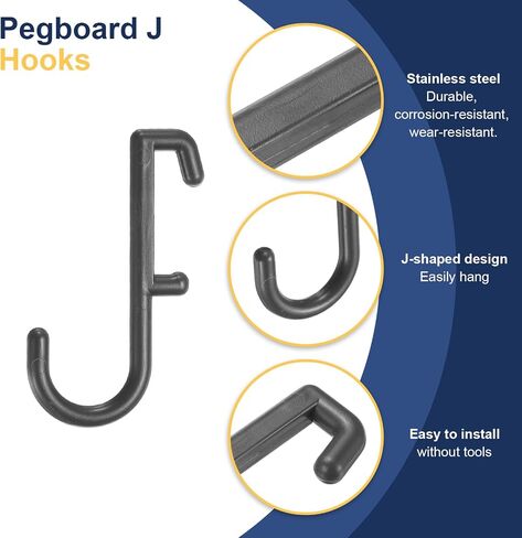 HARFINGTON 16pcs Pegboard J Hooks 1/4" J Style Pegboard Hook Accessories Assortment for Hanging Storage Jewelry Key, Black in Saudi Arabia