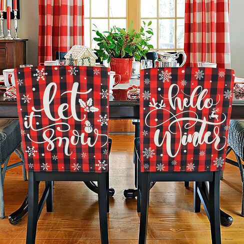 Christmas Chair Covers for Dining Chairs Set of 6, Washable Winter Snowflake Chair Slipcovers, Xmas Santa Seat Cover Home Decorations (Red and Black Buffalo Plaid) in Kuwait
