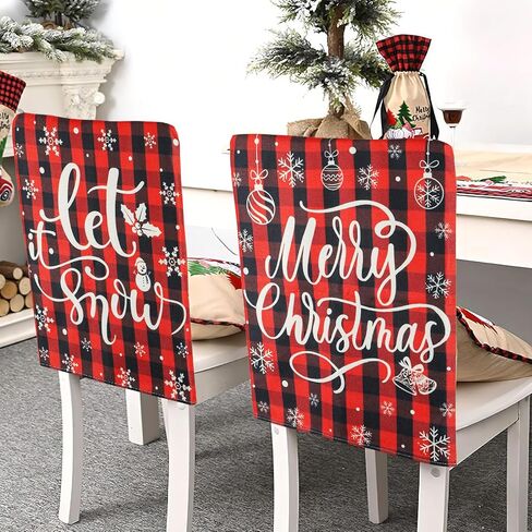 Christmas Chair Covers for Dining Chairs Set of 6, Washable Winter Snowflake Chair Slipcovers, Xmas Santa Seat Cover Home Decorations (Red and Black Buffalo Plaid) in Kuwait