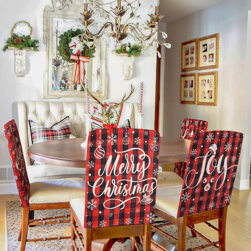 Christmas Chair Covers for Dining Chairs Set of 6, Washable Winter Snowflake Chair Slipcovers, Xmas Santa Seat Cover Home Decorations (Red and Black Buffalo Plaid) in Kuwait