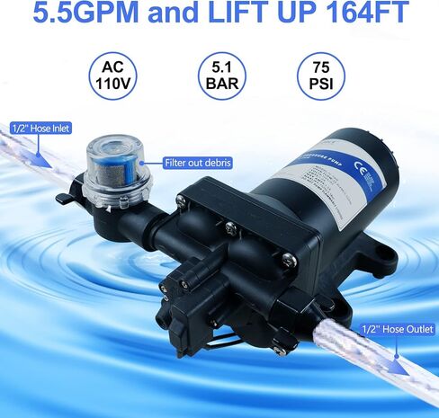 Water Pressure Booster Pump, 110V AC Water Diaphragm Pump, 5.5GPM 75PSI with Power Plug, Self Priming RV Water Pump for Home Kitchen Bathroom RV Marine Yacht Garden Hose Black in Saudi Arabia