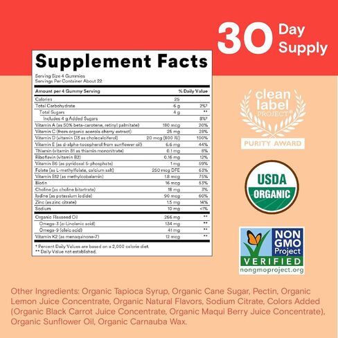 حلوى سمارتي بانتس العضوية متعددة الفيتامينات للأطفال: أوميغا 3 (ALA)، فيتامين د 3، ج، فيتامين ب 12، ب 6، فيتامين أ، ك والزنك لدعم المناعة، نباتي، ثلاث نكهات فواكه، 120 عددًا (كمية تكفي لمدة 30 يومًا) in Kuwait