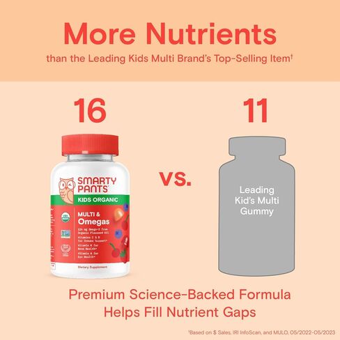 حلوى سمارتي بانتس العضوية متعددة الفيتامينات للأطفال: أوميغا 3 (ALA)، فيتامين د 3، ج، فيتامين ب 12، ب 6، فيتامين أ، ك والزنك لدعم المناعة، نباتي، ثلاث نكهات فواكه، 120 عددًا (كمية تكفي لمدة 30 يومًا) in Kuwait