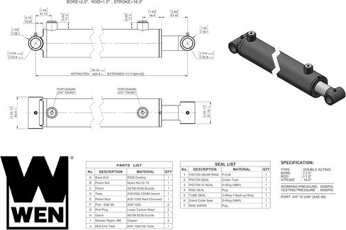 WEN WT2518 Cross Tube Hydraulic Cylinder with 2.5 Bore and 18-inch Stroke, Black in Saudi Arabia