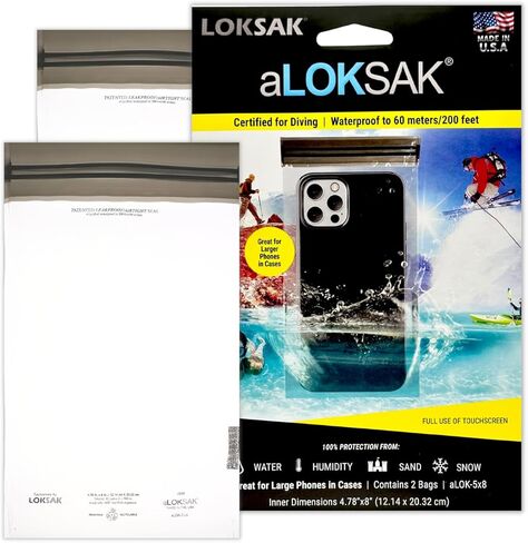 LOKSAK - حقائب جافة مقاومة للماء للهواتف المحمولة من aLOKSAK - حقيبة هاتف محكمة الغلق تحت الماء - متوافقة مع شاشة اللمس - معتمدة للغوص (عبوتان - 4.875 بوصة × 8 بوصة) شفافة in Kuwait