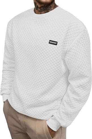 Mens Quilted Crewneck Casual Sweatshirt Geometric Texture Long Sleeve Soild Color Pullover (S-XXL) in Saudi Arabia