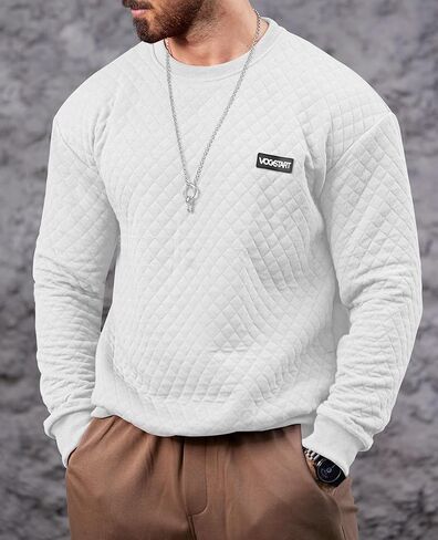 Mens Quilted Crewneck Casual Sweatshirt Geometric Texture Long Sleeve Soild Color Pullover (S-XXL) in Saudi Arabia