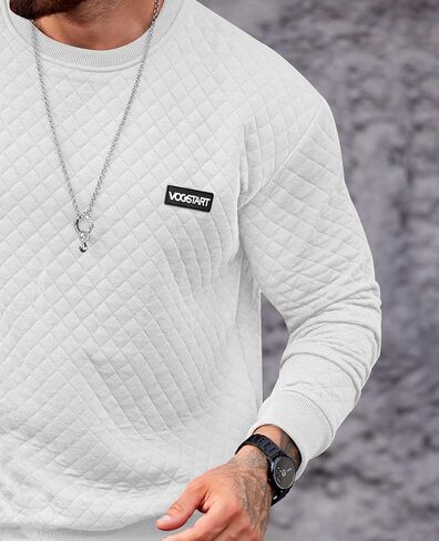 Mens Quilted Crewneck Casual Sweatshirt Geometric Texture Long Sleeve Soild Color Pullover (S-XXL) in Saudi Arabia