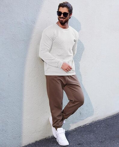 Mens Quilted Crewneck Casual Sweatshirt Geometric Texture Long Sleeve Soild Color Pullover (S-XXL) in Saudi Arabia