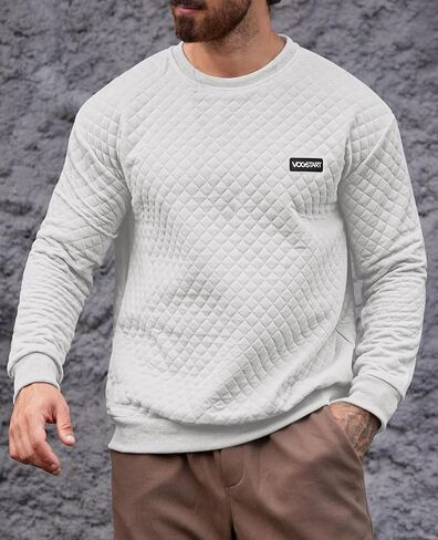 Mens Quilted Crewneck Casual Sweatshirt Geometric Texture Long Sleeve Soild Color Pullover (S-XXL) in Saudi Arabia