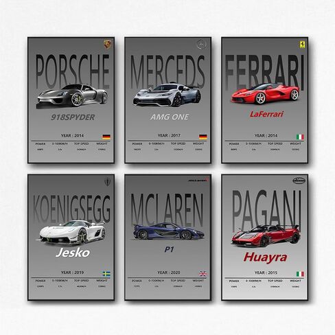 ملصقات WXCOHB Super Car، صور فنية رائعة للسيارات الرياضية، صور فنية لجدار السباق، ملصقات سيارات كلاسيكية للرجال، مطبوعات فنية مزخرفة غير مؤطرة (مجموعة من 6، 8 × 12 بوصة) in Saudi Arabia