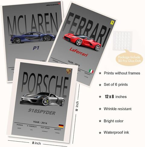 ملصقات WXCOHB Super Car، صور فنية رائعة للسيارات الرياضية، صور فنية لجدار السباق، ملصقات سيارات كلاسيكية للرجال، مطبوعات فنية مزخرفة غير مؤطرة (مجموعة من 6، 8 × 12 بوصة) in Saudi Arabia