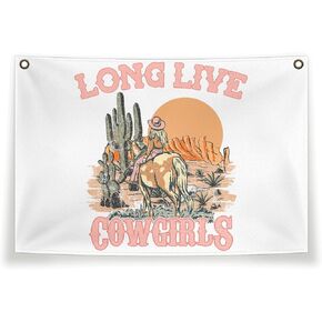 Long Live Cow Girls Canvas Flag,Pink Retro Western Cowgirl Hat Desert Hanging Banner,Gifts For Howdy Lover, Cowgirls Flag Decor 30x20 Inch
