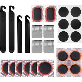 طقم إصلاح إطارات الدراجة، طقم إصلاح الإطارات 21 قطعة، بما في ذلك 4 قطع أذرع من الفولاذ المقاوم للصدأ، 4 قطع من شفرات الإطارات، 6 قطع من مجموعات تصحيحات الأنبوب بدون غراء، 12 قطعة من رقع الفلكنة مع صندوق تخزين محمول in Kuwait