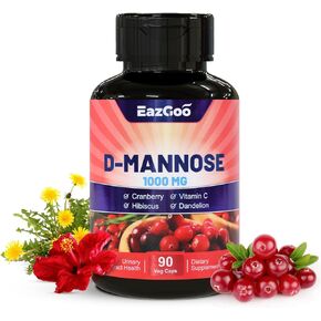 D-Mannose Supplement, D Mannose 1000mg Capsules, D Mannose with Cranberry, Vitamin C, Hibiscus Flower Extract, Dandelion Herb Extract, D Mannose and Cranberry Capsules, 90 Count