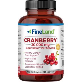 FineLand Cranberry Extract 60:1, Max Strength 30,000 mg Equivalent Per Capsule, 100 Veggie Capsules, 3 Month Supply, 100% Vegan, All-Natural
