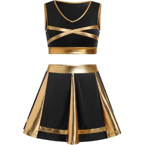 Women Metallic Cheerleader Outfits Crop Top Pleated Mini Skirt Cheerleading Uniform Adult Cheer Halloween Costume