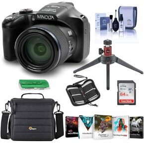 Minolta MN67Z 20MP Full HD Wi-Fi Bridge Camera with 67x Optical Zoom, Purple - Bundle with Shoulder Bag, 32GB SDHC Memory Card, Cleaning Kit, Card Reader