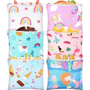 Chumia 6 Pieces Reusable Snack Bags and Sandwich Bags School Lunch for Kid Students Adults Large Snack Pouch Zipper Cartoon Washable Bags for Food 7 x 7 Inch