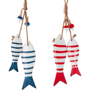 4 Pack Wooden Fish Decor Hanging Wood Fish Sculpture for Wall Art, Nautical Hand Carved Wood Fish Decor with Fishing Net for Lake House Beach Theme Wall Home Decoration, Natural