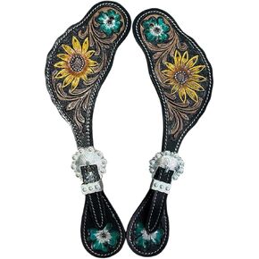 Majestic Ally Western Spur Straps, Genuine Leather, Antique Hand Tooling, Adjustable Stainless Steel Buckle (BLK-SSSF)