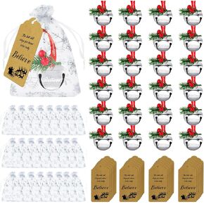24 Sets Christmas Believe Bells Santa Sleigh Bells with Snowflake Organza Bags Pine Needles Red Berry Gift Tags Christmas Bells Ornaments for Xmas Tree Wreath Gift Wrapping