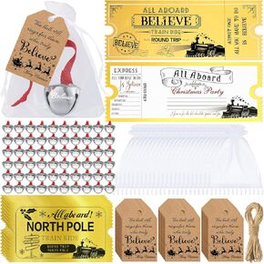 Gisafai 12 Sets Christmas Believe Bell Santa Sleigh Bells Gifts The Polar Stickers Train Tickets Christmas Party Favors Christmas Stuffers Xmas Gifts Supplies Organza Bags Tags (Red)