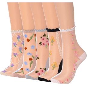 Campsis Women Sheer Socks Ruffle Sheer Ankle Socks Flower See Through Socks for Women and Girls(5 Pairs)