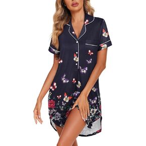 Ekouaer Women's Nightgown Button Down Nightshirt V Neck Sleepshirt Short Sleeve Sleepwear Soft Pajama Dress
