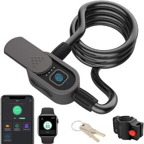 Fingerprint Cable Lock with Key Waterproof Bicycle Lock eLinkSmart 150cm Long Steel Cable Lock for Bike Scooter Motorcycle Door Fence Gate Phone App and iOS Watch Unlock USB C Charging