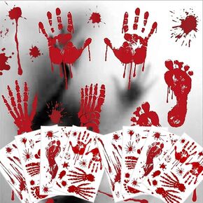 Halloween Bloody Handprint Footprint Window Clings - 8 Sheets Reusable Window Stickers Wall Decor - Scary Double-Side Decals for Halloween Decorations Indoor Party Supplies